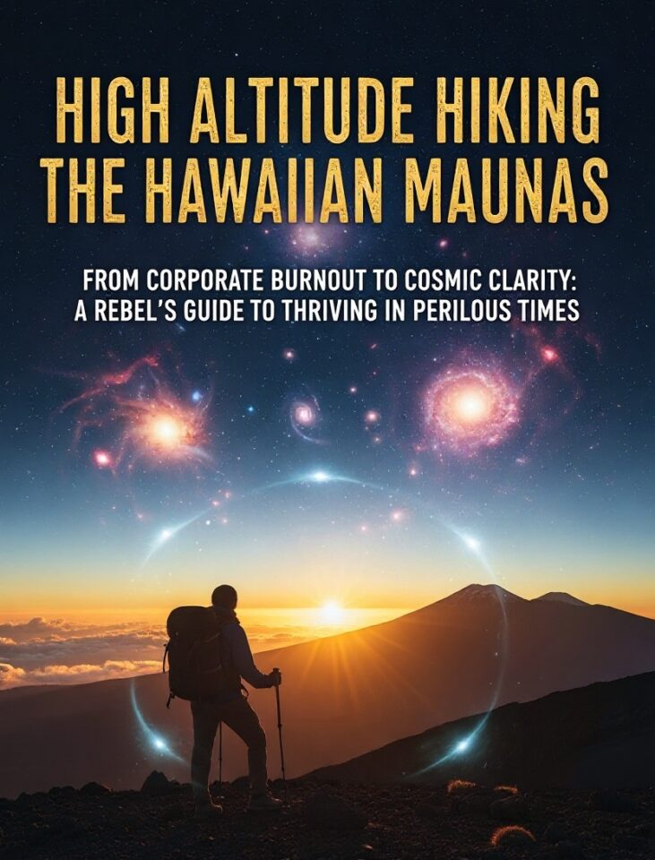From Corporate Burnout to Cosmic Clarity book cover featuring Hawaii's sacred volcanoes—a guide to breaking free from burnout through longevity coaching and ancestral wisdom