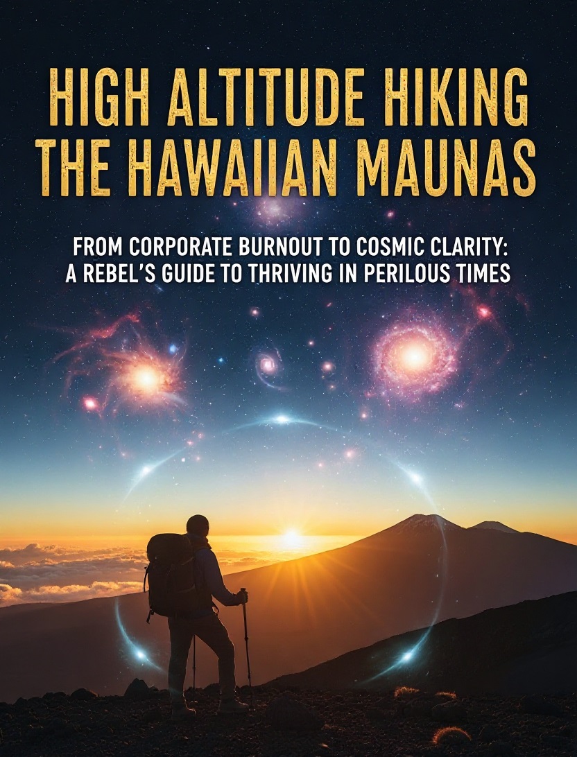 From Corporate Burnout to Cosmic Clarity book cover featuring Hawaii's sacred volcanoes—a guide to breaking free from burnout through longevity coaching and ancestral wisdom