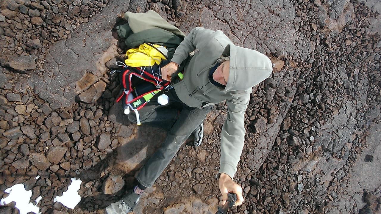 My hking gear for a warmish snow hike on Mauna Loa. Always the dodecahedron attached to my pack, and crampons for the snow.