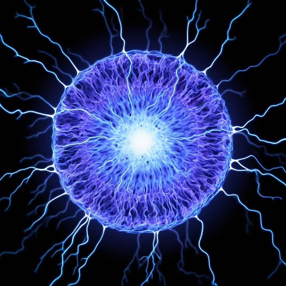 Blue plasma ball illustrating 30 million volt electric lightning arcs on black background