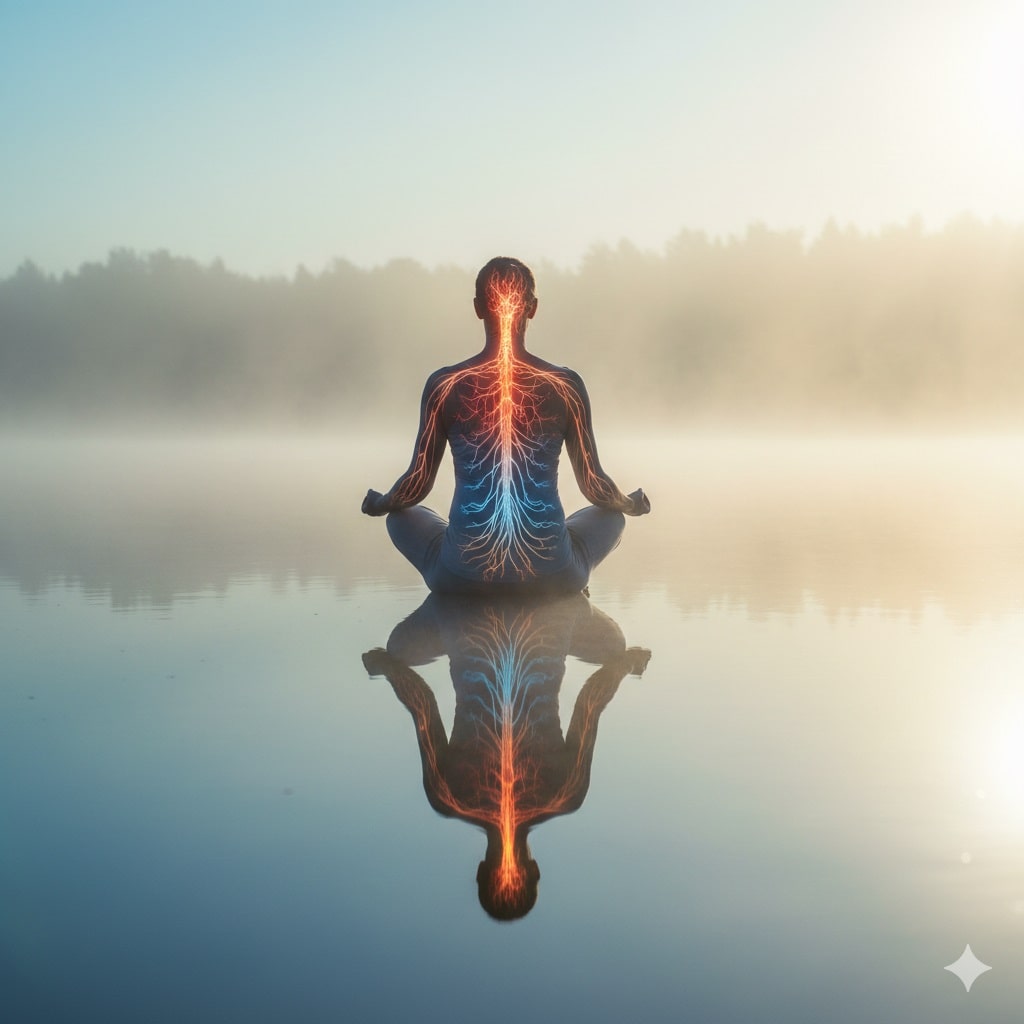 Meditating person on calm lake at sunrise, glowing spine and neural pathways, misty forest reflection.