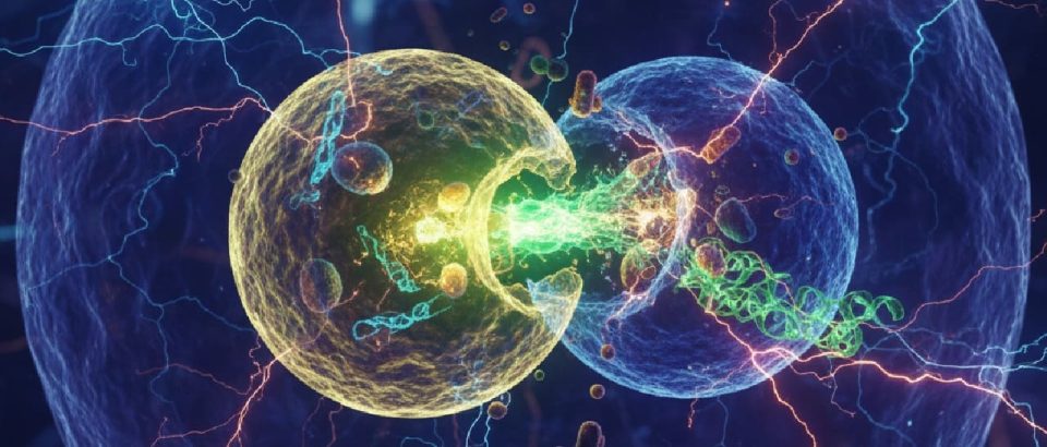 Colorful 3D illustration of two cells fusing, depicting autophagy and energy.