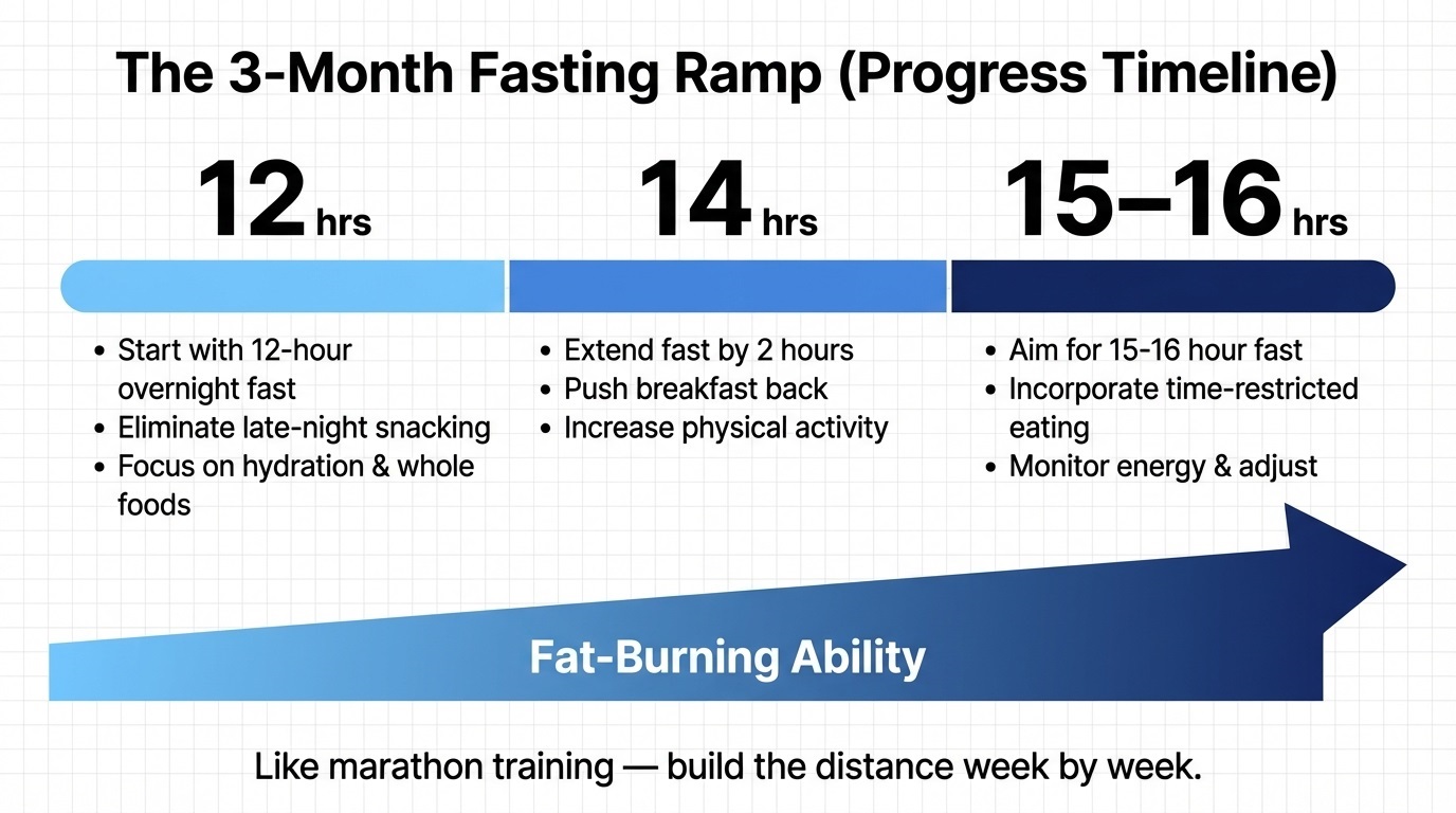 Intermittent fasting infographic showing a 3-month ramp from 12 to 16 hours with tips and rising fat-burning.