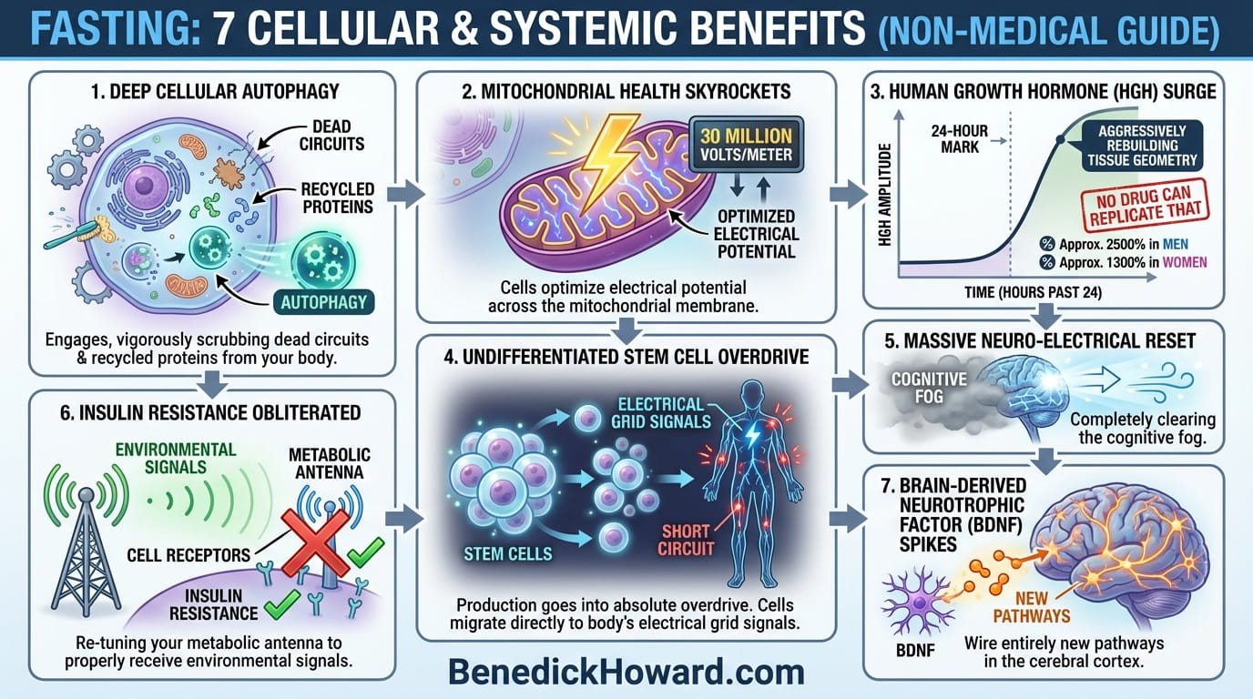 Infographic: seven fasting benefits—autophagy, mitochondrial health, HGH, stem cells, neuro reset, insulin, BDNF.