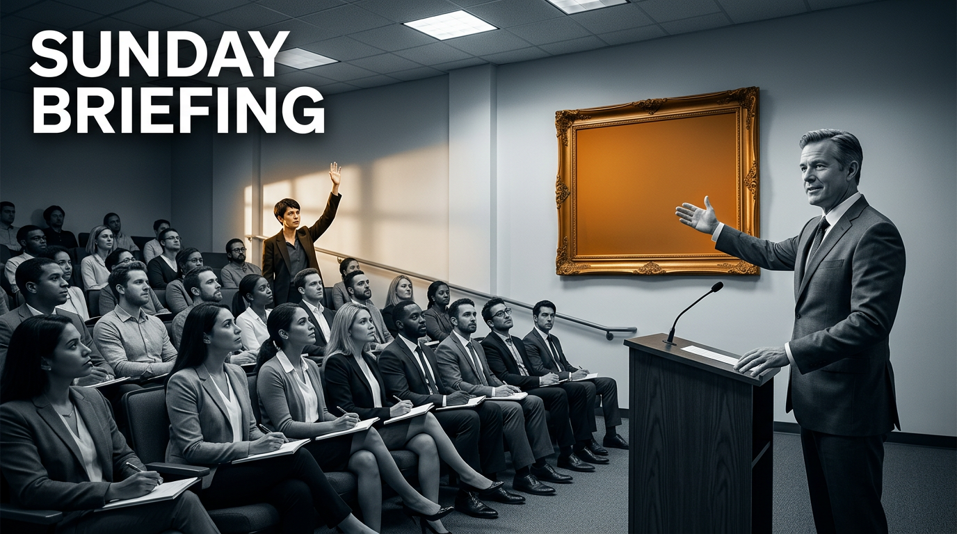 Corporate seminar: speaker at podium addresses audience as attendee raises hand; Sunday Briefing text near a gold frame.