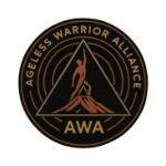 Circular black and gold Ageless Warrior Alliance logo with triangle, mountain peak, rising figure, AWA emblem badge