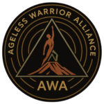 Ageless Warrior Alliance logo (AWA) with warrior silhouette on mountain inside triangle
