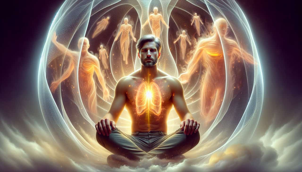 Man meditating with glowing lungs, aura figures and cosmic energy, breathwork and mindfulness scene