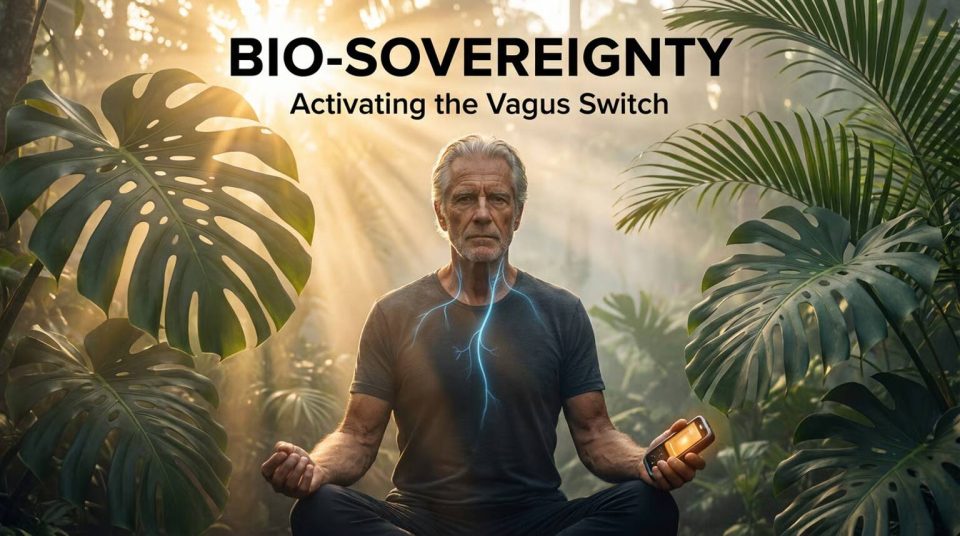 Bio-sovereignty theme: meditating older man in tropical forest, sun rays, vagus nerve activation with handheld device