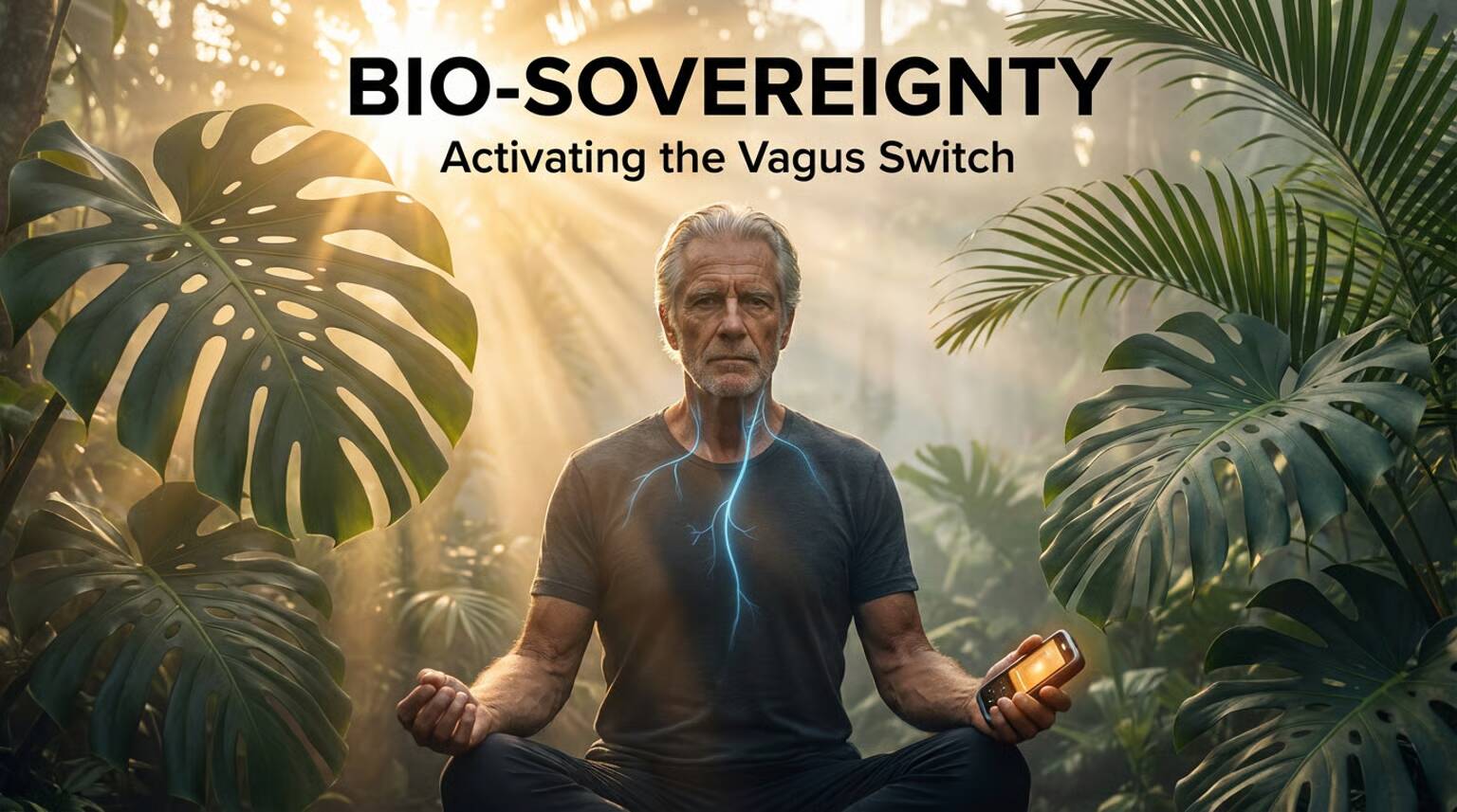 Bio-sovereignty theme: meditating older man in tropical forest, sun rays, vagus nerve activation with handheld device