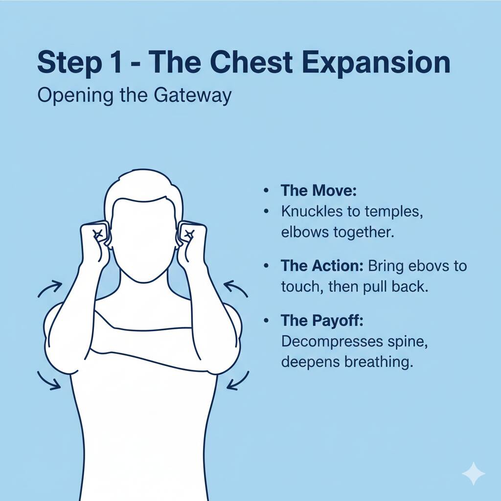 Illustration of chest expansion stretch: knuckles to temples, elbows together, decompresses spine, eases breathing.