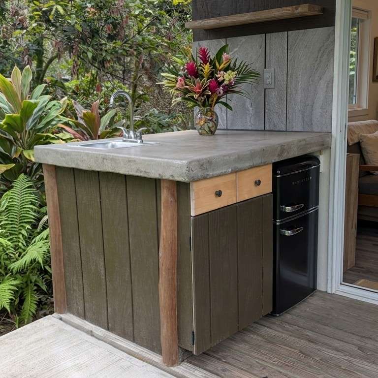 Rustic outdoor kitchenette with concrete countertop, sink, mini fridge, and tropical flowers in lush garden with putting green