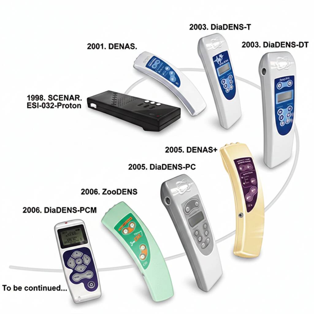Evolution timeline of SCENAR, DENAS, and DiaDENS TENS therapy devices from 1998–2006.