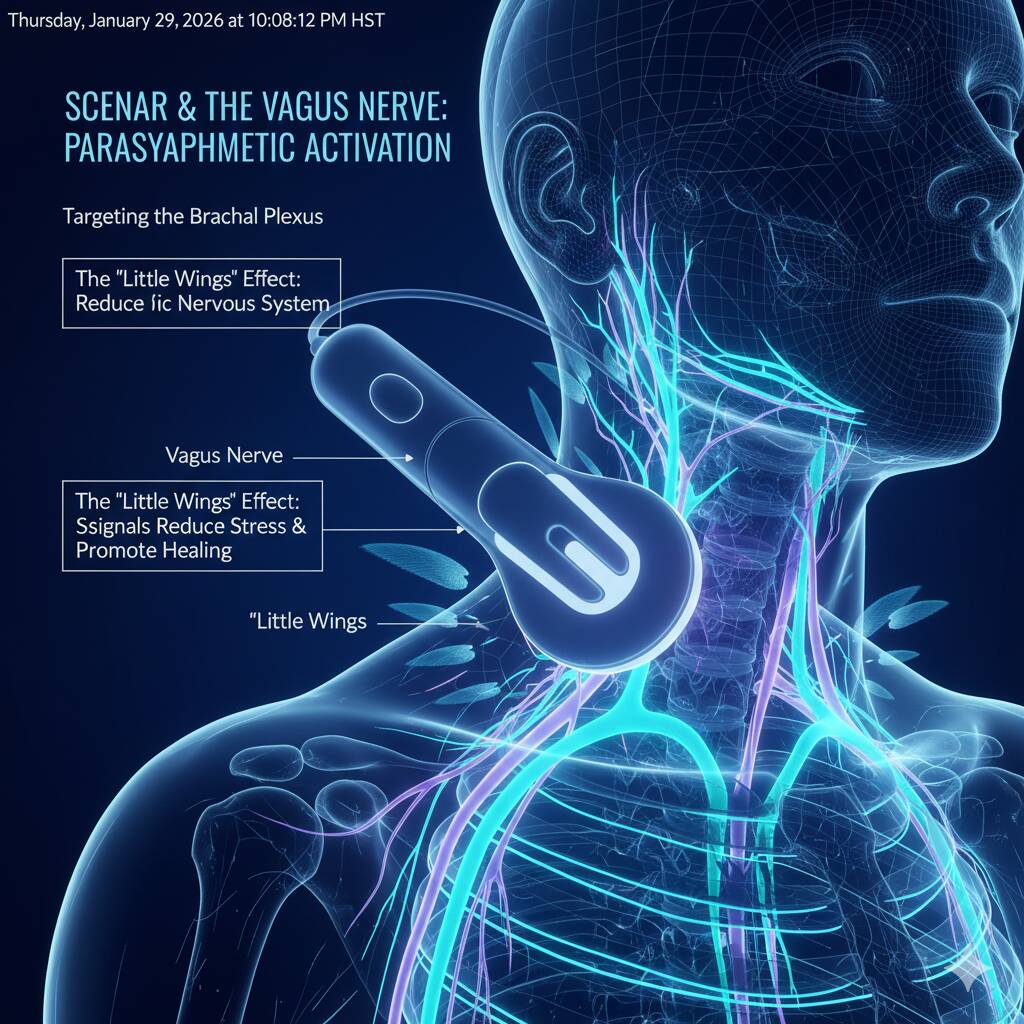 Medical illustration of vagus nerve stimulation device targeting neck and brachial plexus, parasympathetic activation