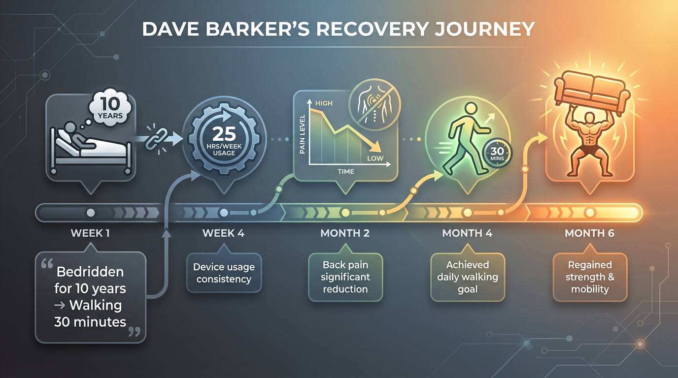 Infographic timeline showing Dave Barker's recovery journey. Horizontal timeline spanning 'Week 1' to 'Month 6'. Key milestones marked with icons: Week 1 (bedridden figure), Week 4 (25 hrs/week usage badge), Month 2 (back pain dropping graph line), Month 4 (walking figure), Month 6 (lifting furniture icon). Visual progression from dark/gray tones (illness) to bright/vibrant colors (recovery). Include quote callout: 'Bedridden for 10 years → Walking 30 minutes'. Style: Modern, clean infographic design with data visualization elements.