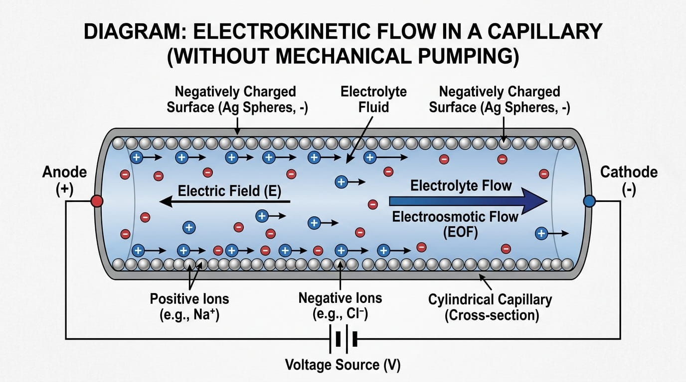 Diagram showing zeta potential in a capillary tube: negatively charged vessel walls create electrokinetic flow of positively charged electrolytes.