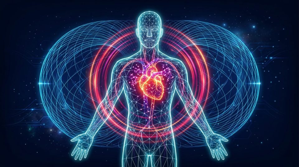 Digital visualization of the human heart's electromagnetic field radiating through the body as concentric energy rings.