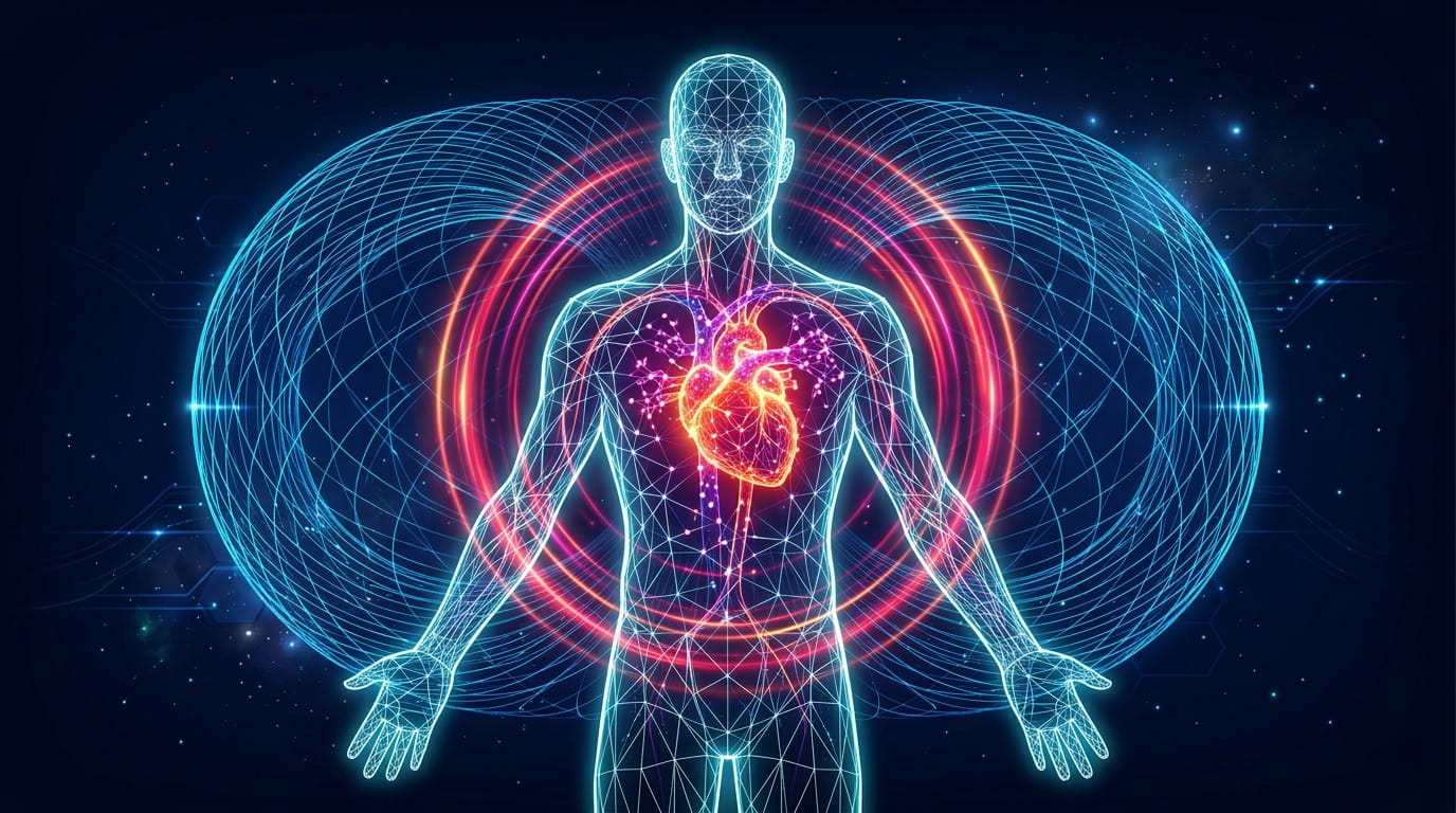 Digital visualization of the human heart's electromagnetic field radiating through the body as concentric energy rings.