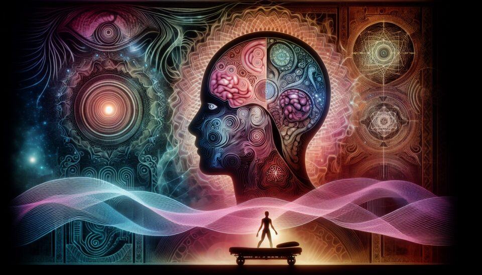 Psychedelic neuroscience art: human head with brain, cosmic symbols, energy waves, silhouette