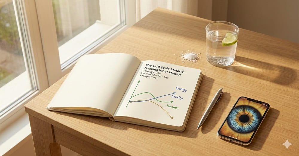 Sunlit wooden desk with open journal graphing energy, clarity, hunger, plus pen, phone, and lime water.