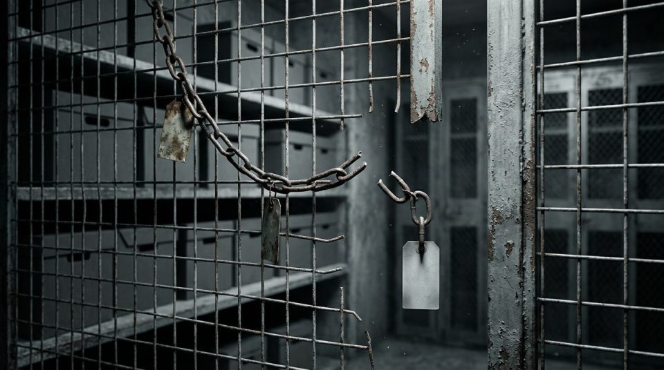 Abandoned warehouse storage cage with broken chain and ID tags, metal shelves of boxes, gritty industrial mood