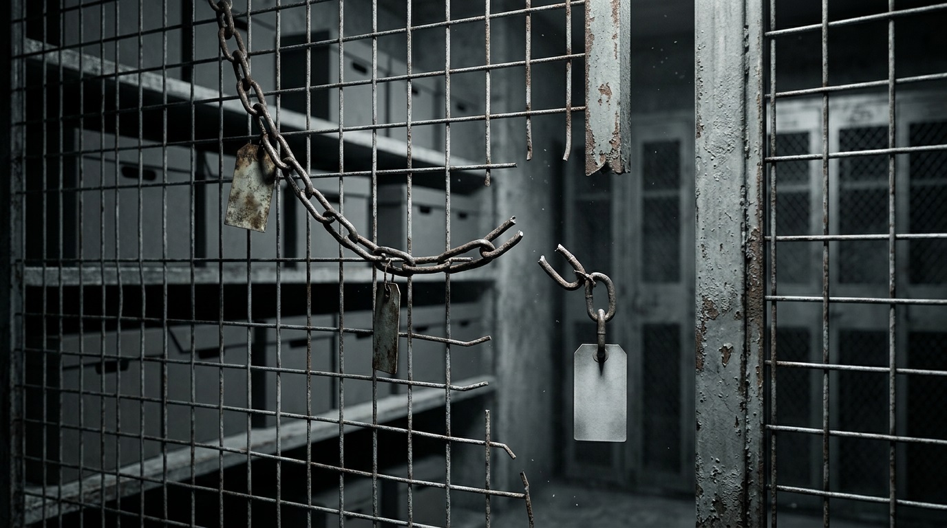 Abandoned warehouse storage cage with broken chain and ID tags, metal shelves of boxes, gritty industrial mood
