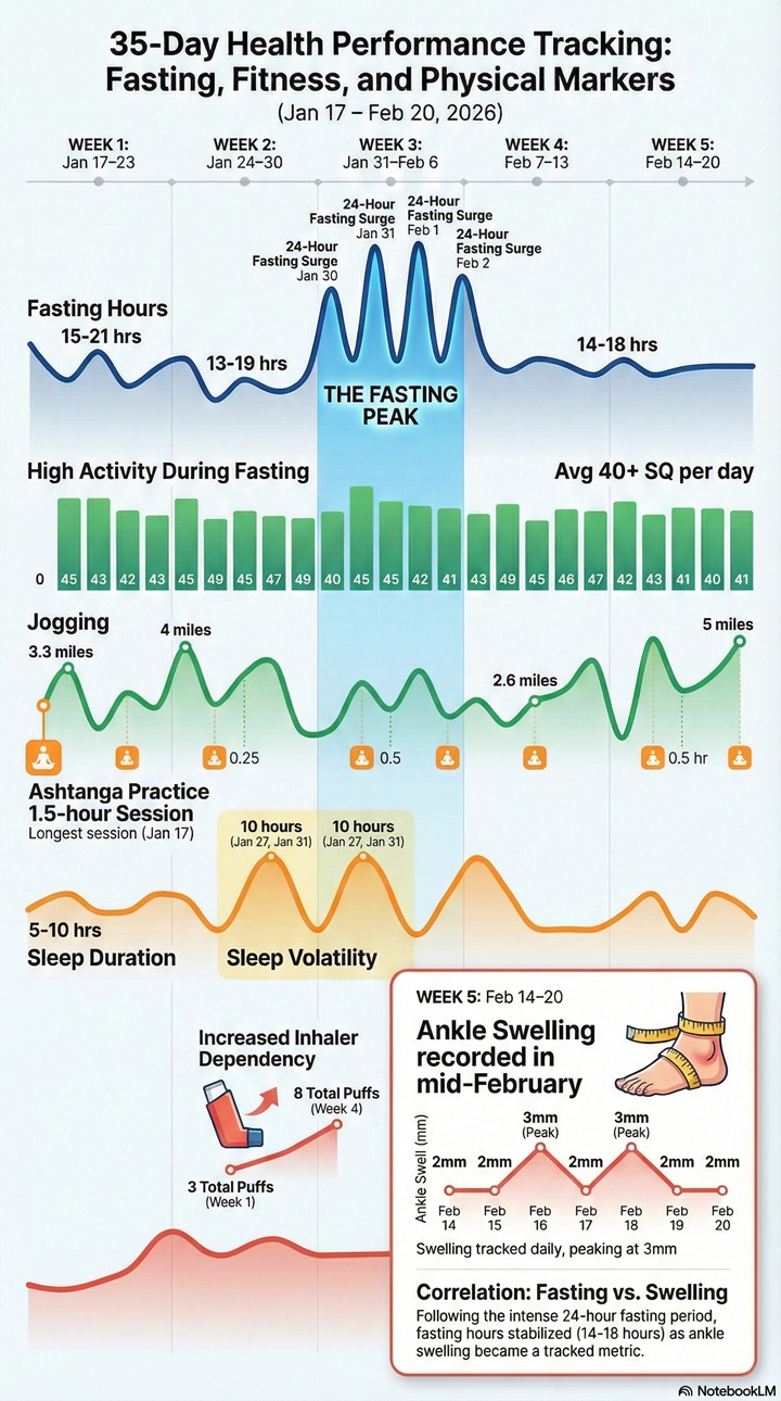 35-day health tracking infographic: fasting hours, activity scores, jogging miles, sleep, and ankle swelling.