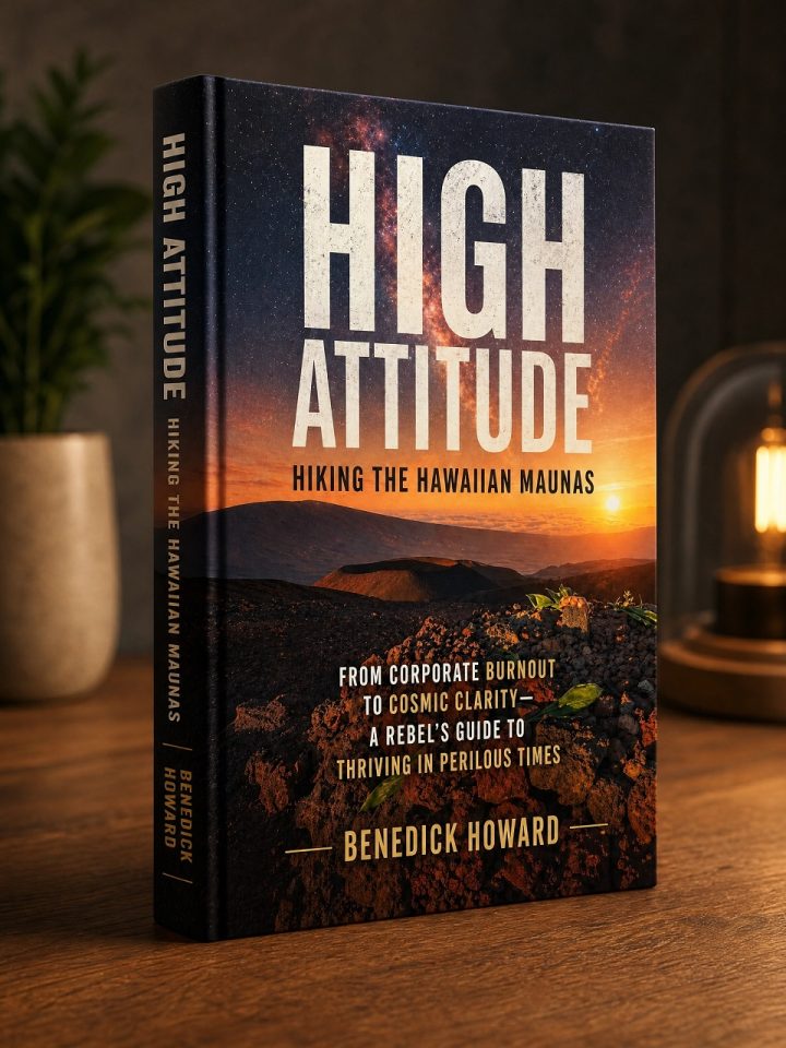 Hardcover book High Attitude: Hiking the Hawaiian Maunas on a wooden table under warm ambient light.