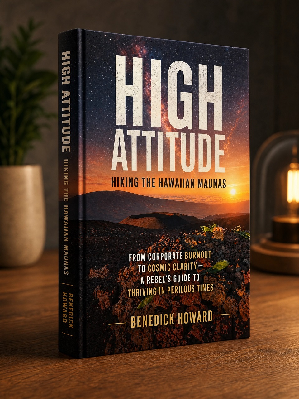 Hardcover book High Attitude: Hiking the Hawaiian Maunas on a wooden table under warm ambient light.