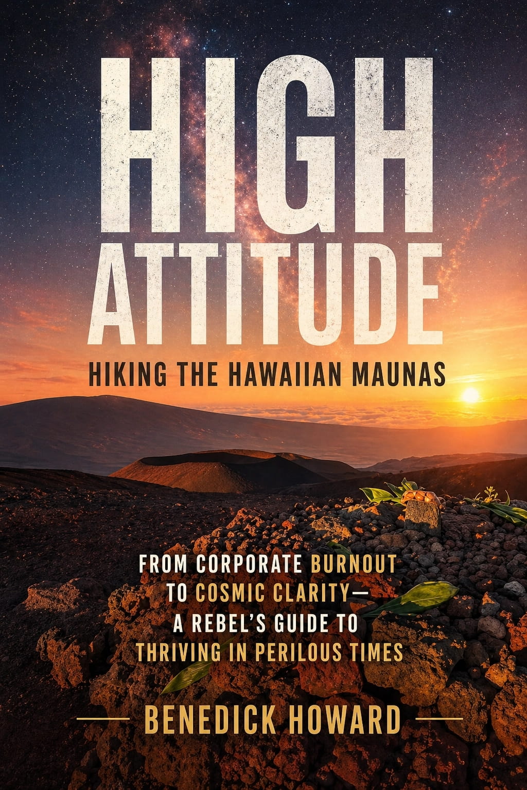 Book cover for High Attitude: Hiking the Hawaiian Maunas, sunset over volcanic landscape and Milky Way.