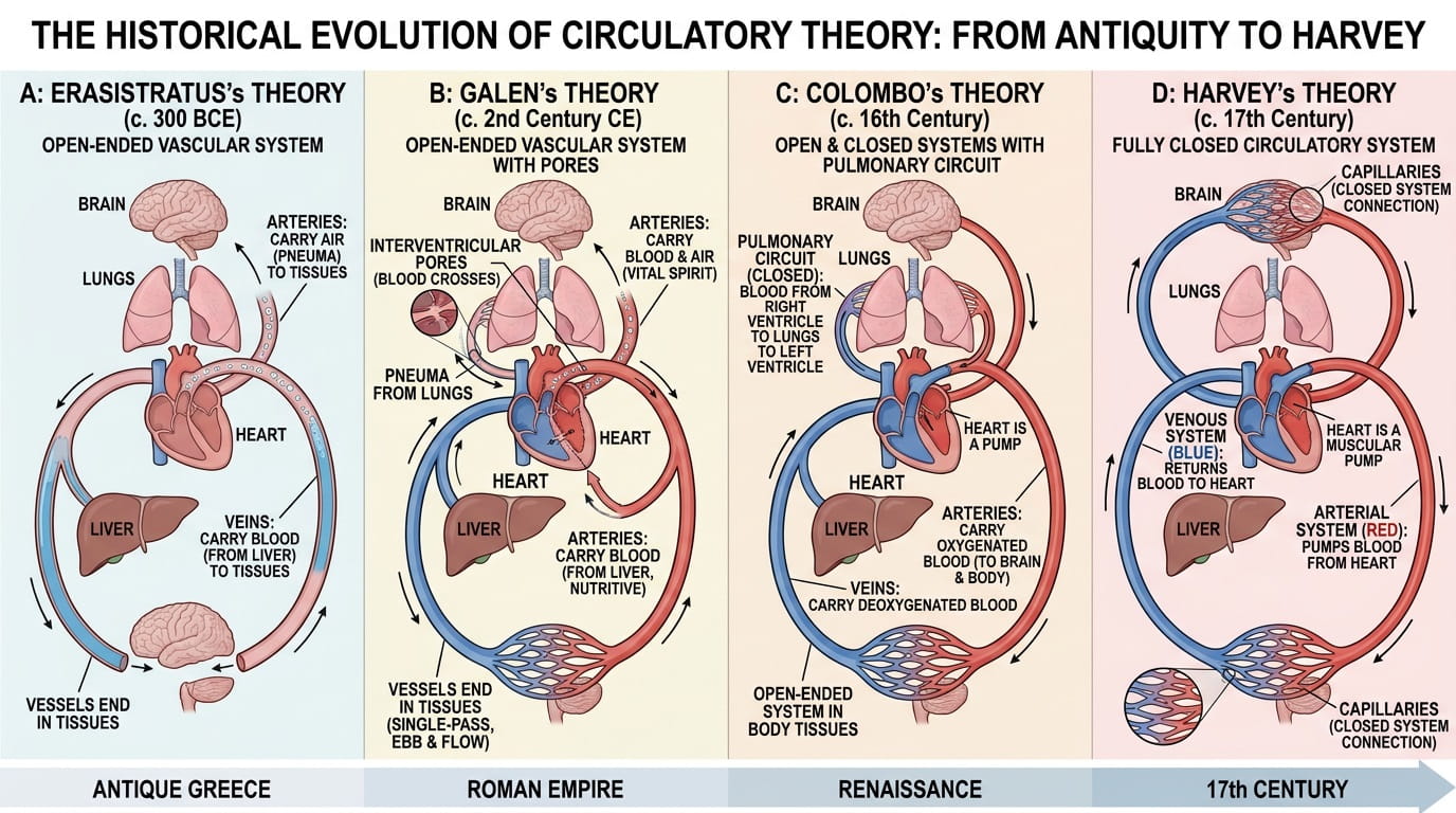 Historical evolution of circulatory models from Erasistratus to Harvey, showing the progression from open-ended to closed-loop systems.