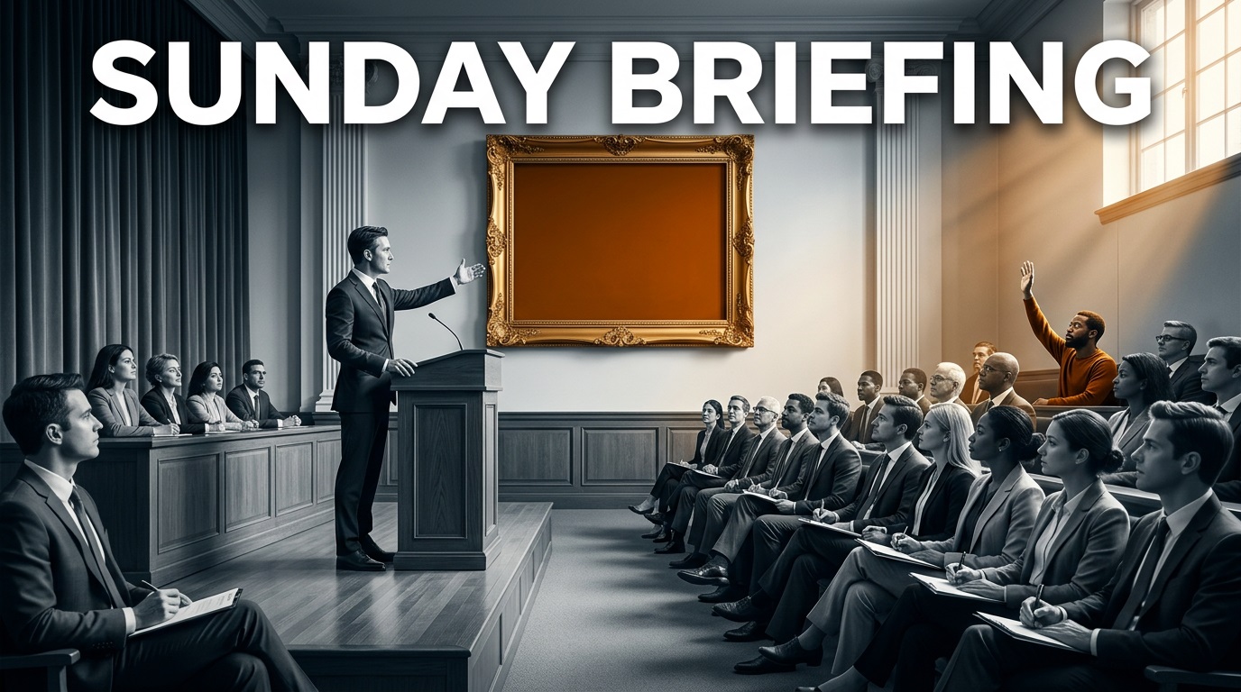 Corporate Sunday briefing with speaker at podium, attentive audience, and a raised hand in a bright lecture hall