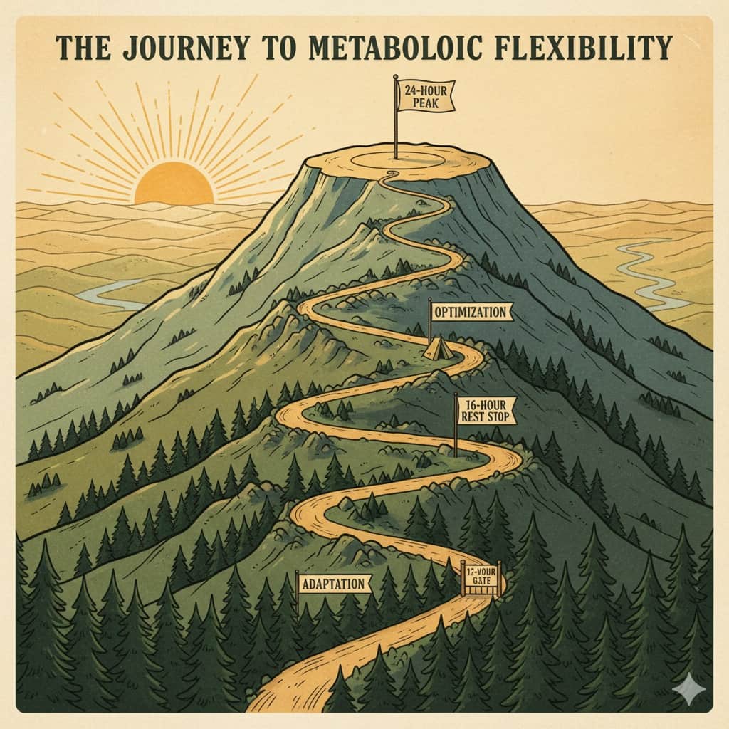 Illustrated mountain roadmap to metabolic flexibility, fasting milestones from 12-hour gate to 24-hour peak.