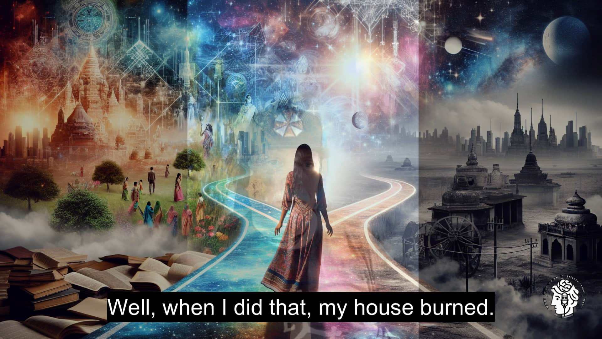 Fantasy sci-fi art of a woman at a cosmic crossroads between utopia and dystopia