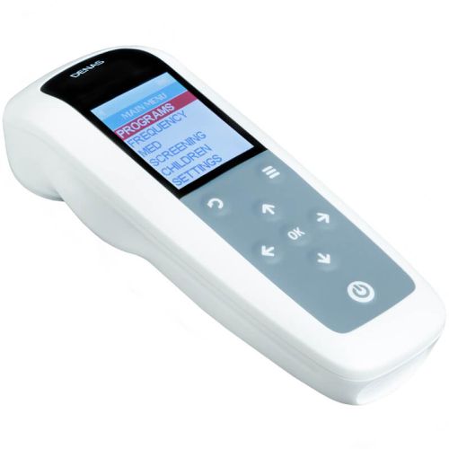 DENAS PCM 6 Portable handheld medical device with LCD display and touch navigation buttons, white casing