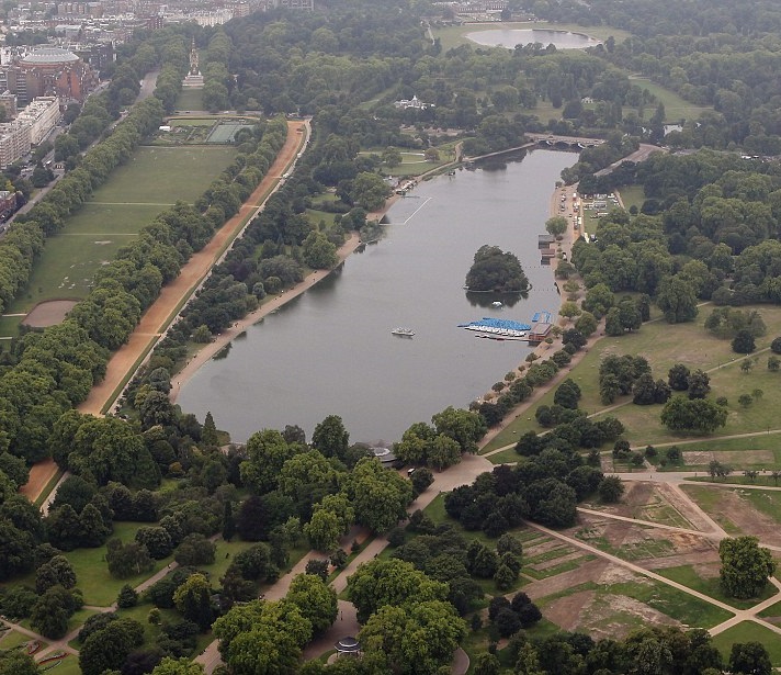 LONDON, ENGLAND - JULY 26: Aerial view of Hyde Park and the Serpentine which will host Triathlon and Marathon Swimming events during the London 2012 Olympic Games on July 26, 2011 in London, England. (Photo by Tom Shaw/Getty Images)