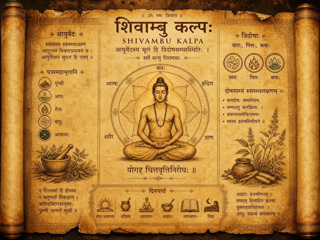 Vintage Ayurvedic manuscript with meditating figure, Sanskrit script, doshas, five elements, herbs, and healing symbols