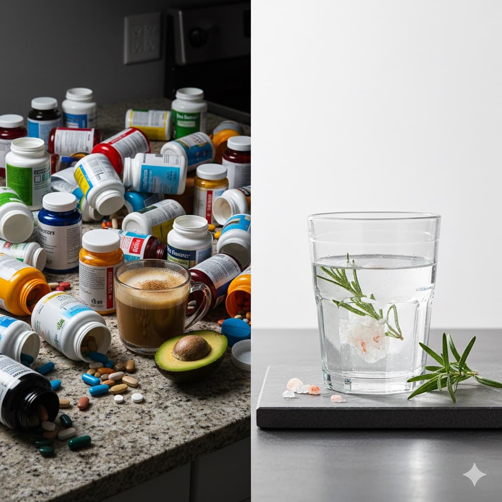 Contrast of cluttered supplement bottles and pills with minimalist rosemary water on slate for wellness.
