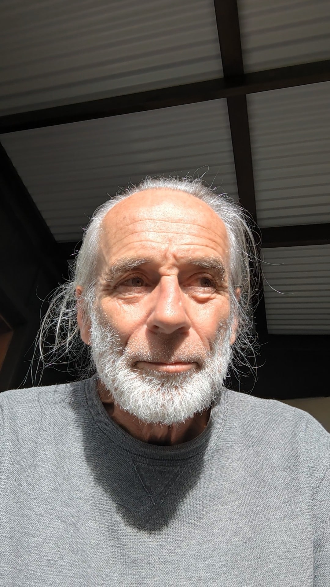 Close-up of older man with white beard in sunlight, gray sweater, indoor portrait