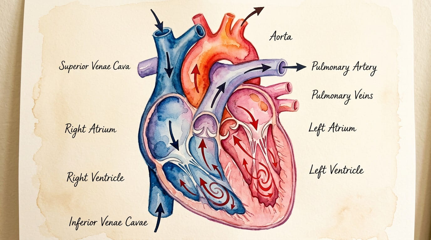 "Watercolor anatomical illustration of the human heart showing blood flow patterns, with vortical motion inside the ventricles.