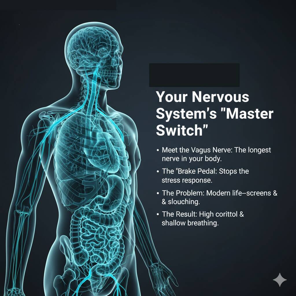 Infographic of human body with vagus nerve highlighted, explaining the nervous system master switch and stress relief.