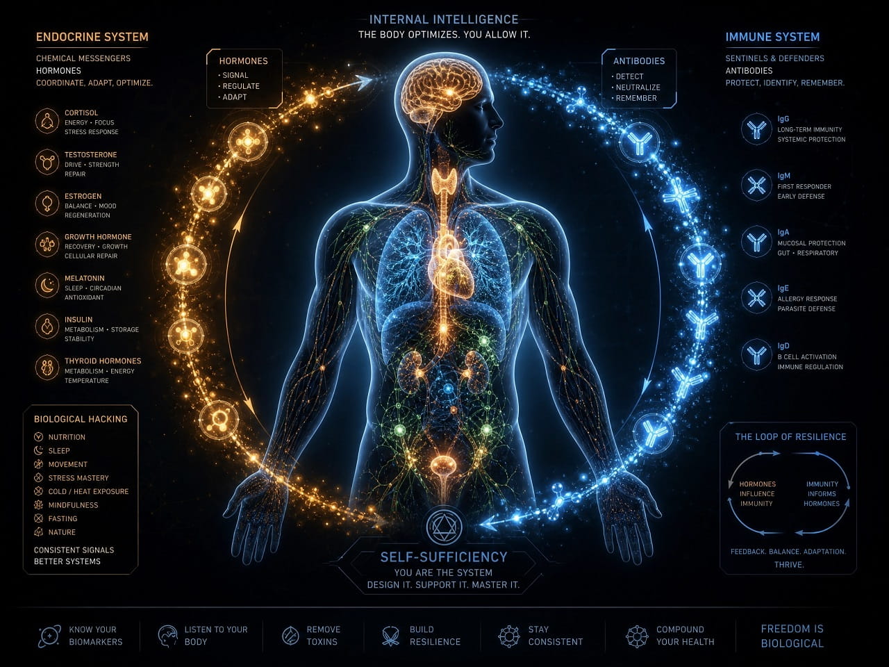 Futuristic human body infographic of endocrine and immune systems, hormones, antibodies, and digital anatomy.