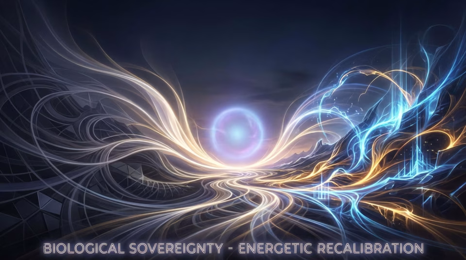 A breathtaking, wide-angle vista of a futuristic, abstract landscape where luminous, ethereal energy waves surge inward from the left and right edges of the frame, converging towards a central, subtly glowing nexus. The scene is rendered with dramatic high contrast: on one side, muted, almost dormant currents of deep indigo and shadowed grays represent low cellular voltage, while on the other, vibrant, electric blues and radiant golds signify a powerful, high-voltage bio-electric state. These opposing forces are in dynamic interplay, with the incoming spiritual energy waves acting as a catalyst, transforming the low-voltage areas into fields of brilliant, architected light. The overall composition evokes a sense of profound transformation and visionary potential, suggesting the intricate dance of energy and consciousness in achieving biological sovereignty and longevity. The horizontal format emphasizes the expansive journey of energetic recalibration.