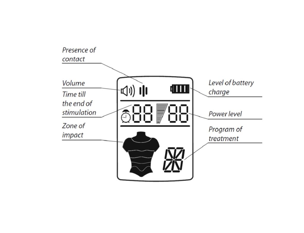 Close detail of the DENAS Vertebra 2 controller display showing program frequency and session timing readout