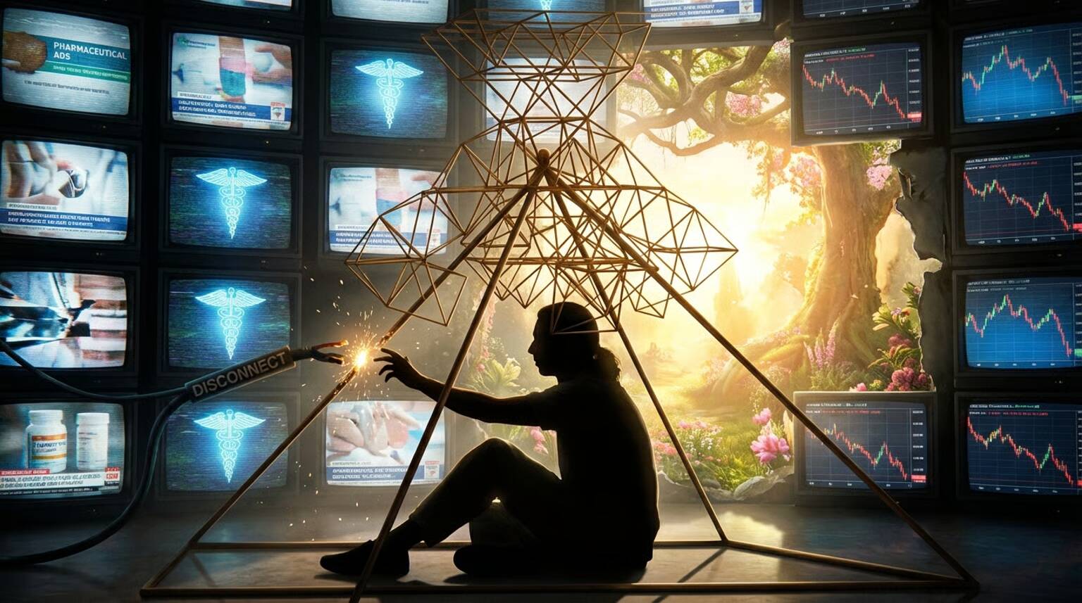 Man standing at a crossroads disconnecting from the noise of modern life, symbolizing the choice between retreating into the shadows and stepping into the arena as an Ageless Warrior