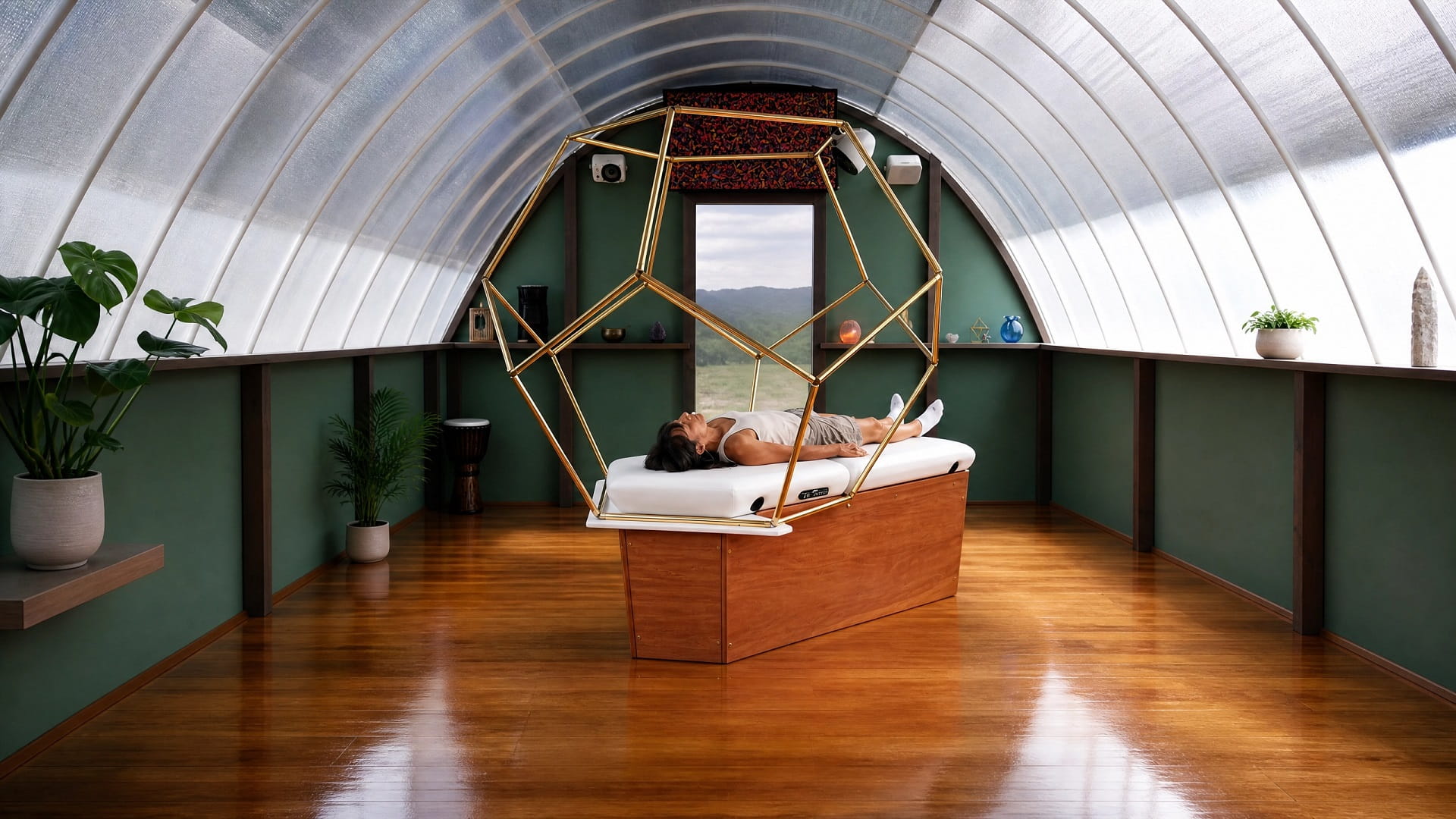 DreamWeaver sound healing environment with gold-plated dodecahedron, Hawaiʻi Island