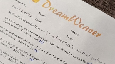 DreamWeaver session intake form showing before and after stress ratings