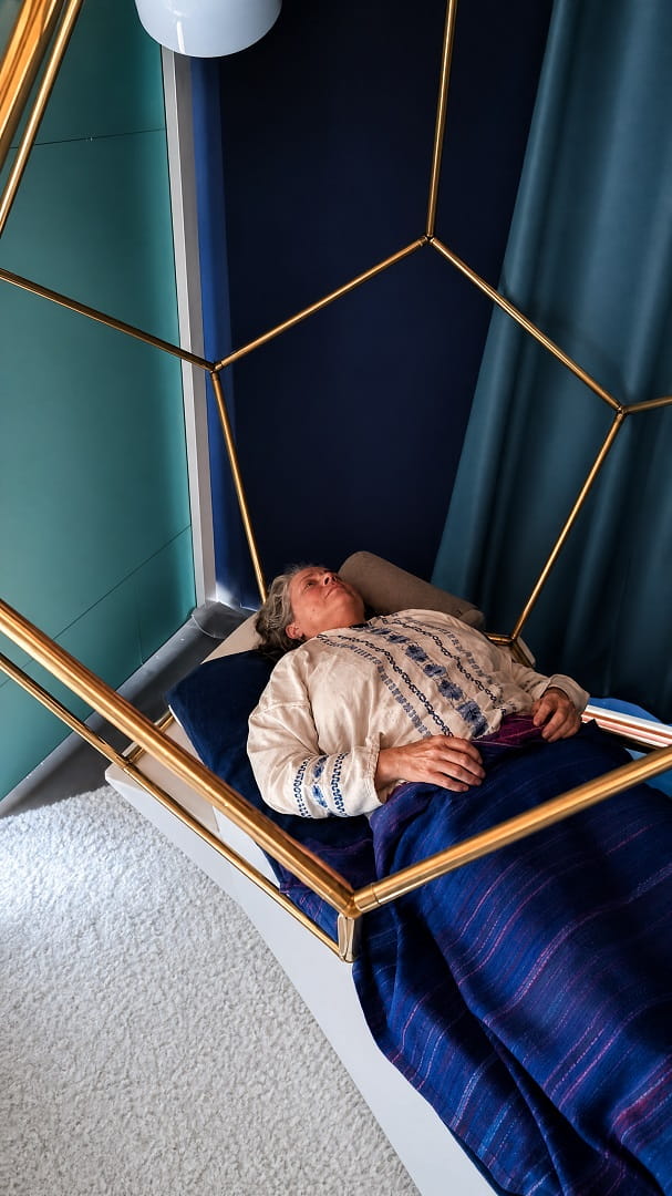 One-on-one sound healing session inside the DreamWeaver dodecahedron