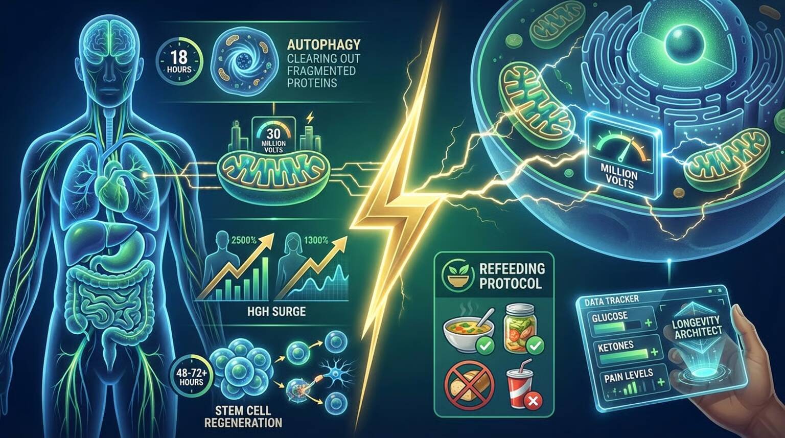 Health infographic of human body showing fasting benefits: autophagy, mitochondrial energy, HGH, and refeeding tips