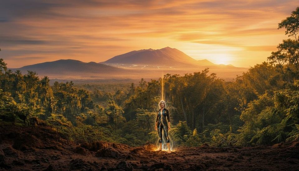 Glowing beam illuminates a sci-fi adventurer in a lush jungle at sunset, volcano mountains beyond